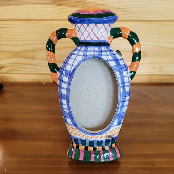 Vintage 90s Ceramic Picture Frame Colorful Double Handled Vase Jar Hand Painted - Picture 5 of 13